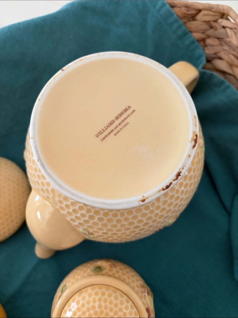 Williams Sonoma Honeycomb Bee Ceramic Tea Set in Yellow with Sur La Table honey